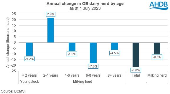 Bar chart showing annual change in dairy cattle numbers by age grouping.